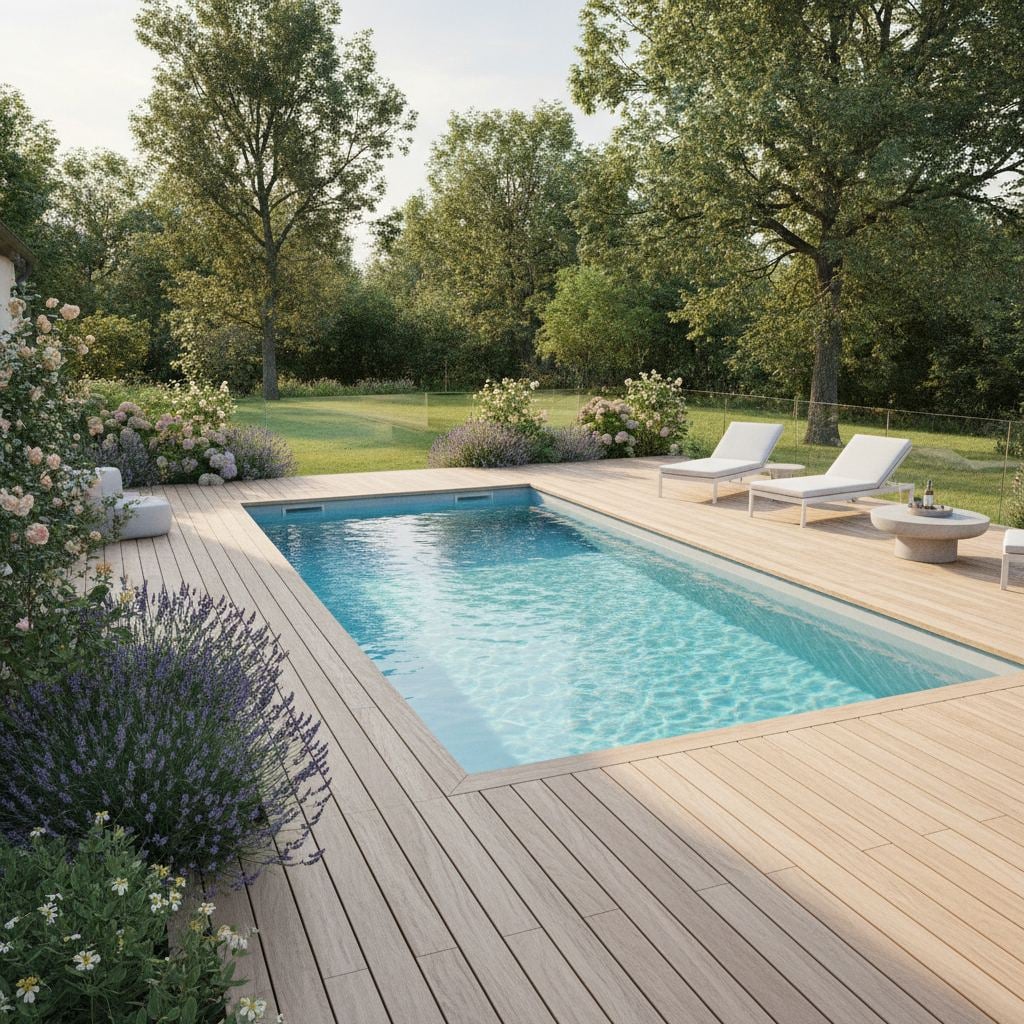 piscine coque 6x3 installée dans un jardin avec terrasse bois