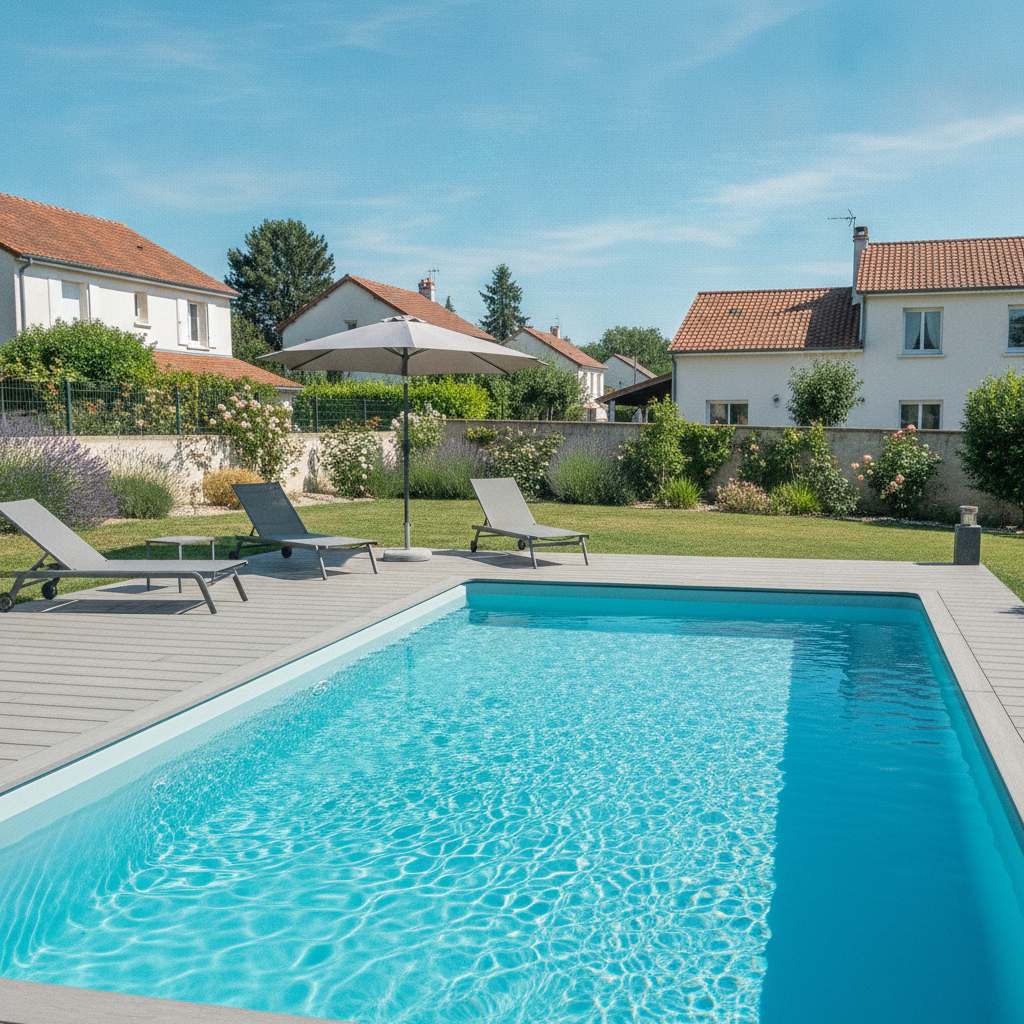 piscine coque 7x3 prête à plonger dans un jardin