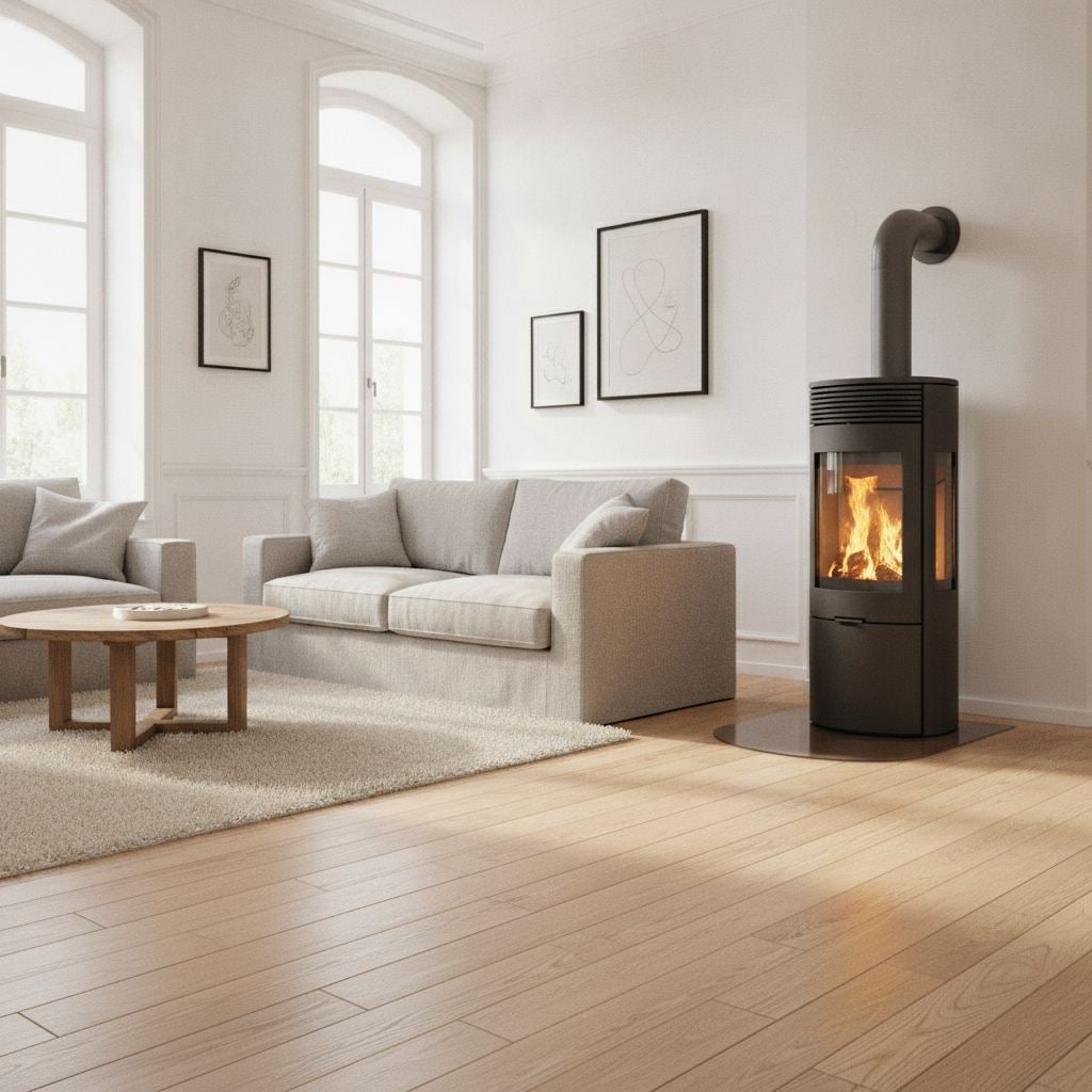 poele a granules a ventouse installé dans un salon
