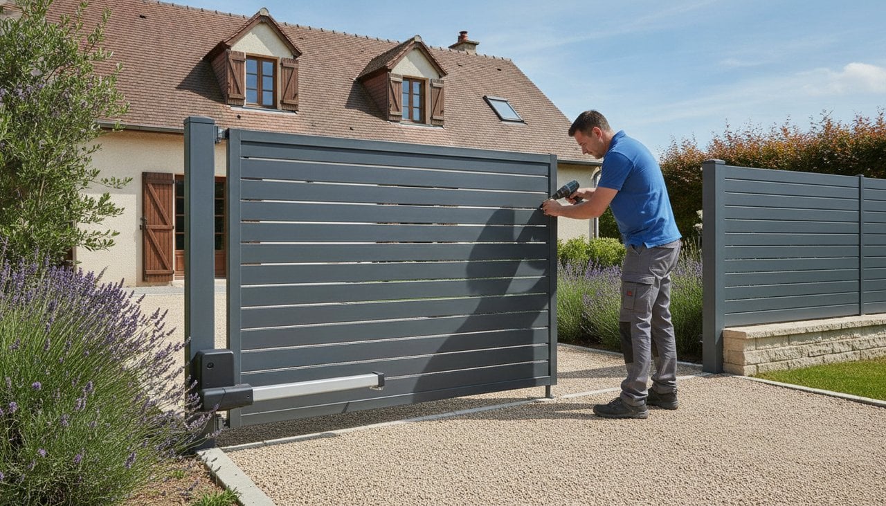 Portail motorisé pas cher en cours d'installation