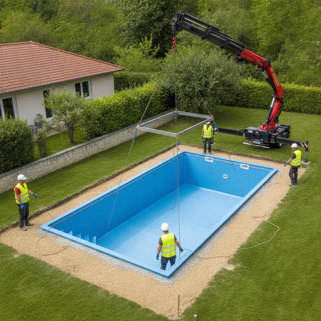pose d'une piscine coque par grue dans le jardin