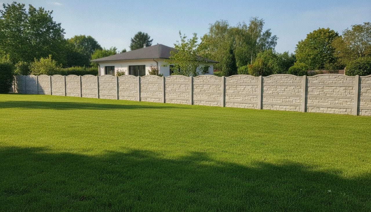 Clôture en plaques de béton décoratives dans un jardin