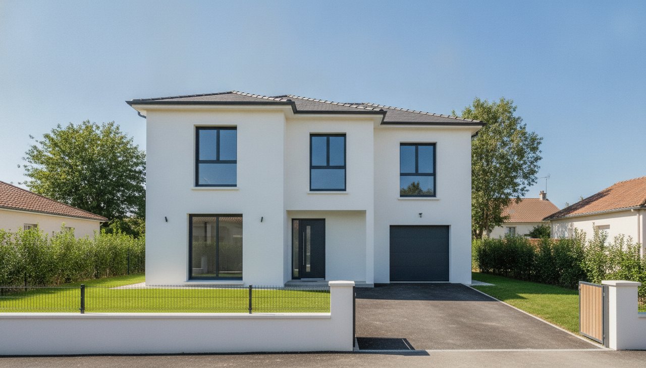 Maison neuve de 100 m² à étage, façade moderne blanche et menuiseries anthracite