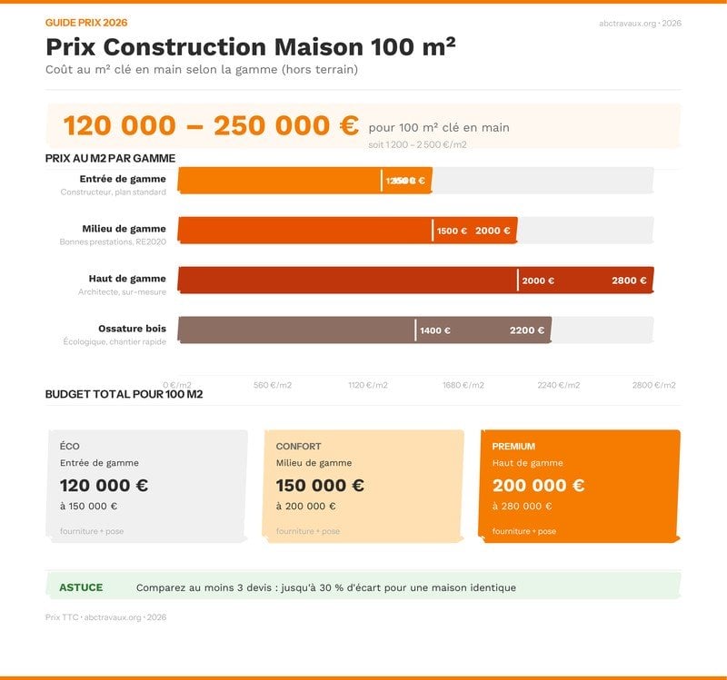 Infographie : prix de construction d'une maison de 100 m² par gamme en 2026, prix au m² et budget total
