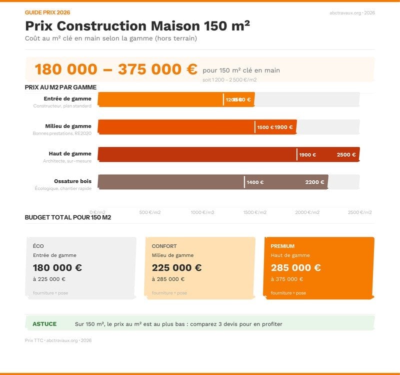 Infographie : prix de construction d'une maison de 150 m² par gamme en 2026