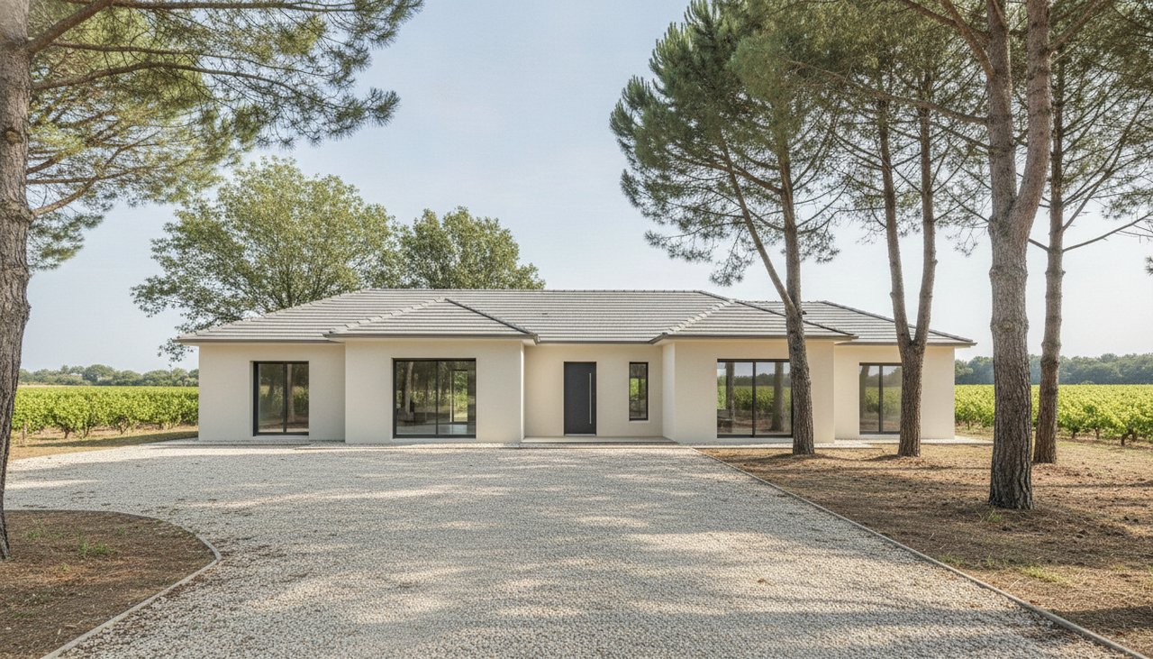 Maison neuve de plain-pied dans le Medoc entouree de vignes et de pins