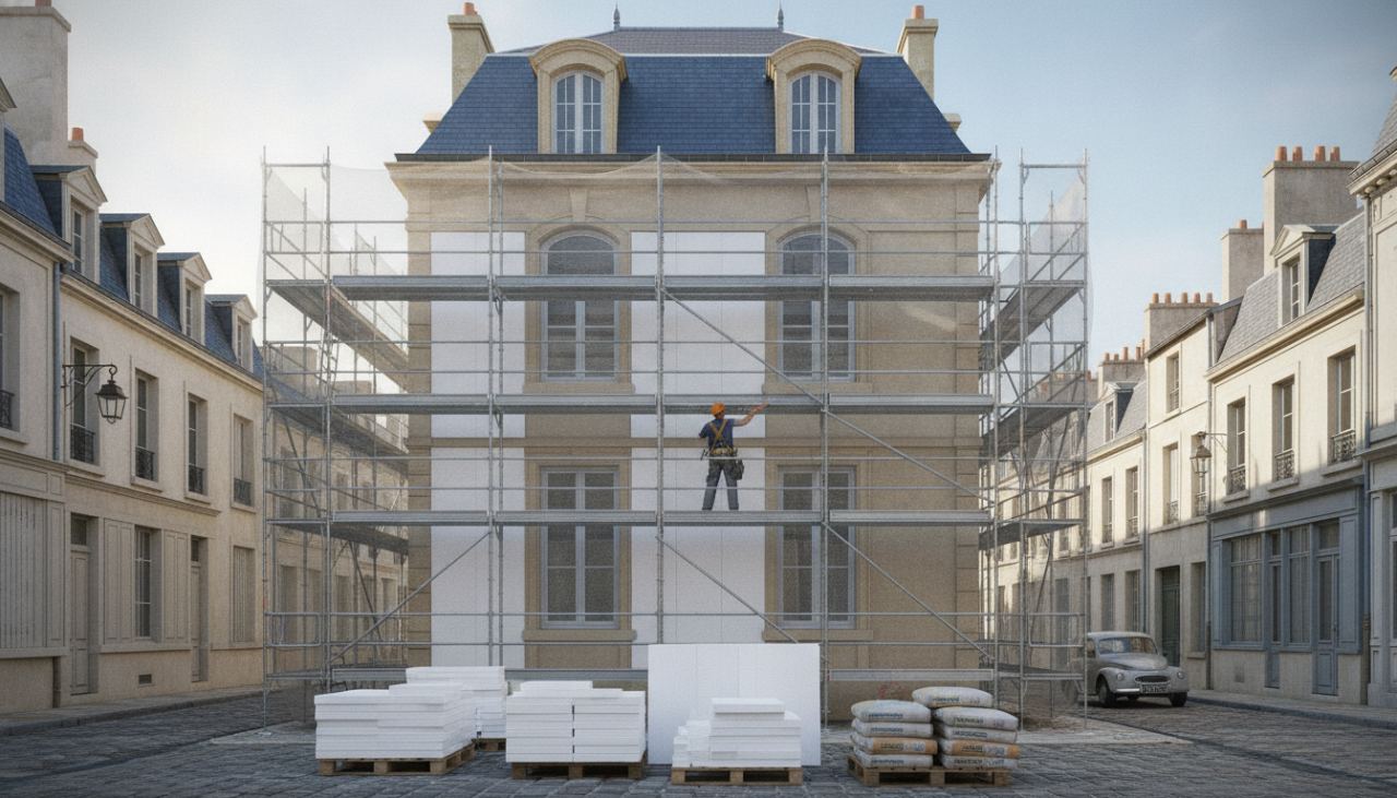 artisan posant des panneaux isolants PSE sur une façade de maison de 100m2 avec échafaudage de chantier et matériaux vue de face sur rue française
