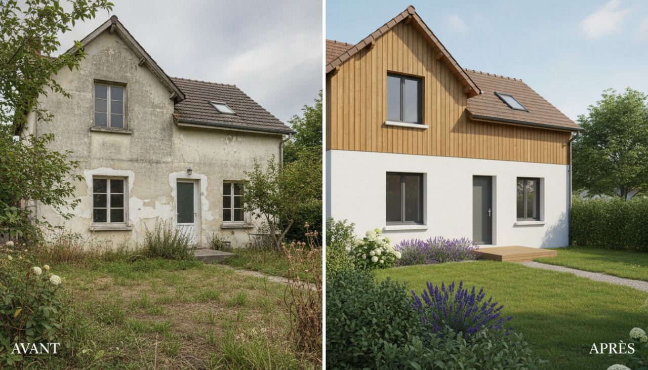 façade de maison individuelle française rénovée avec isolation thermique extérieure enduit blanc et bardage bois jardin avant-après visible