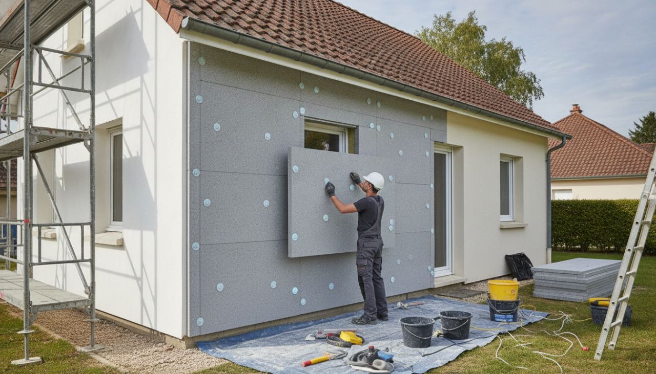 pose de panneaux isolants PSE graphité sur façade de maison individuelle française par un artisan ITE avec fixation mécanique et crépi blanc