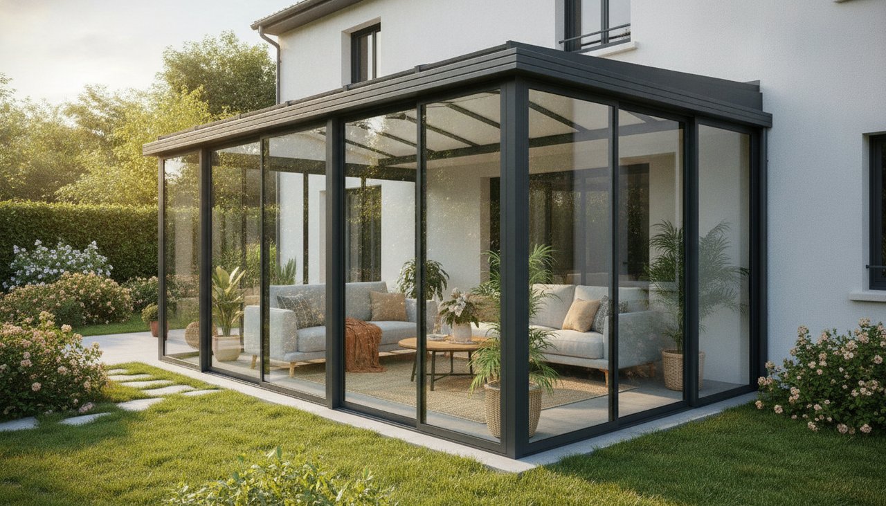 Véranda aluminium 20m2 moderne attenante à une maison