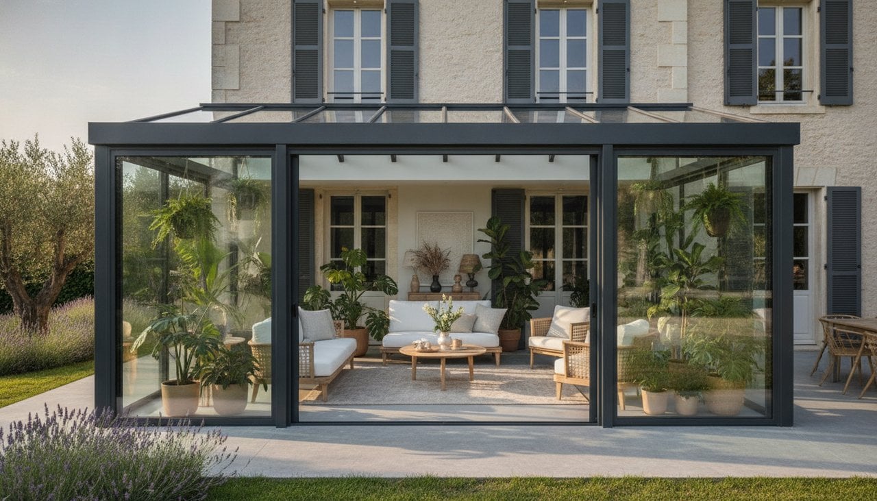 Veranda Akena aluminium moderne attenante a une maison contemporaine