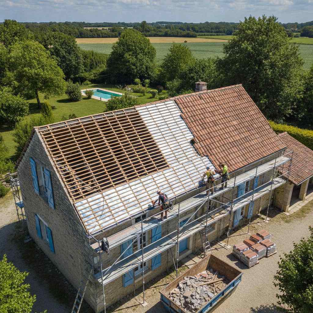 Chantier de rénovation de toiture vu du ciel : dépose des tuiles et isolation