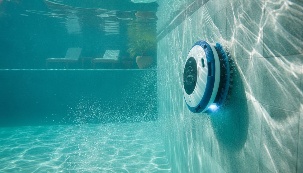 Robot piscine sans fil nettoyant la paroi
