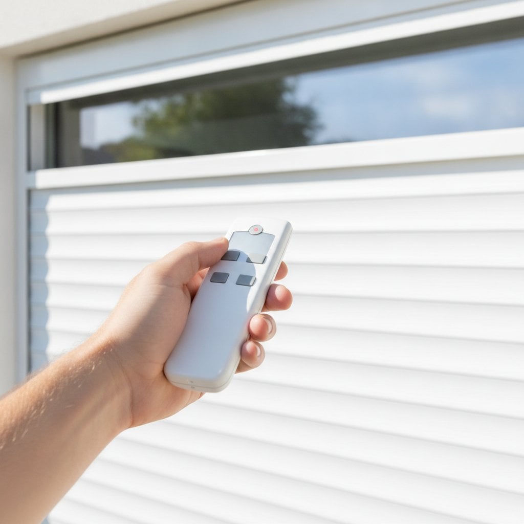 télécommande somfy pour volet roulant pointée vers un volet électrique