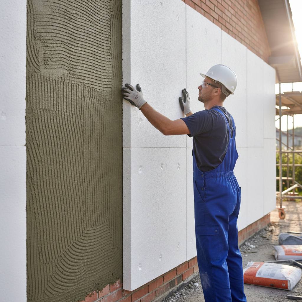 maison en cours d'isolation thermique par l'extérieur avec panneaux polystyrène et échafaudage