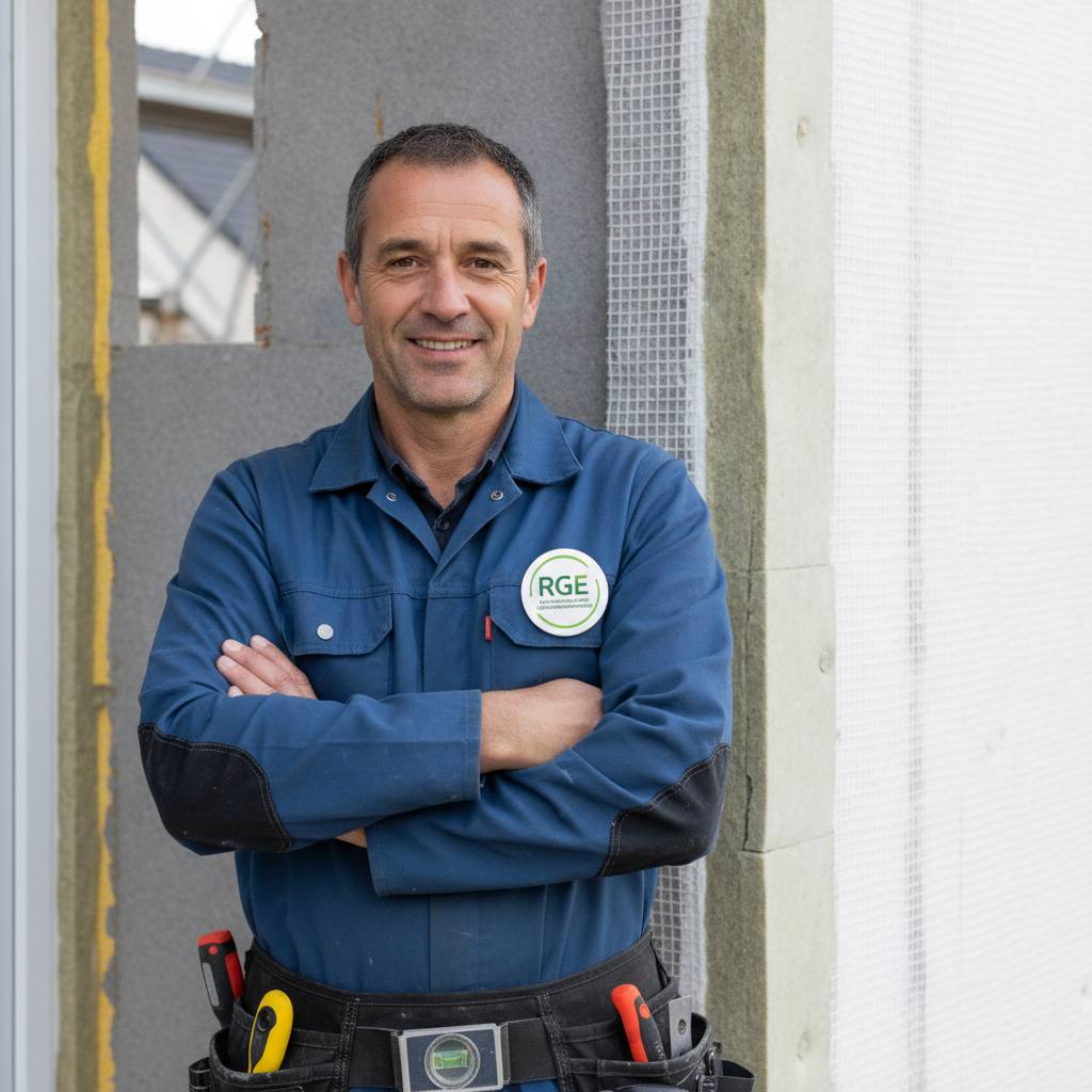 artisan certifié RGE avec logo qualification sur veste réalisant une isolation extérieure