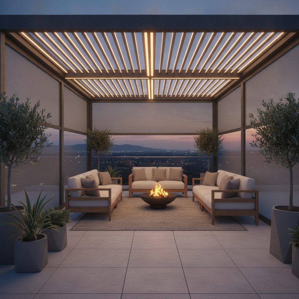 pergola bioclimatique 5x4 avec éclairage LED et stores latéraux en aluminium