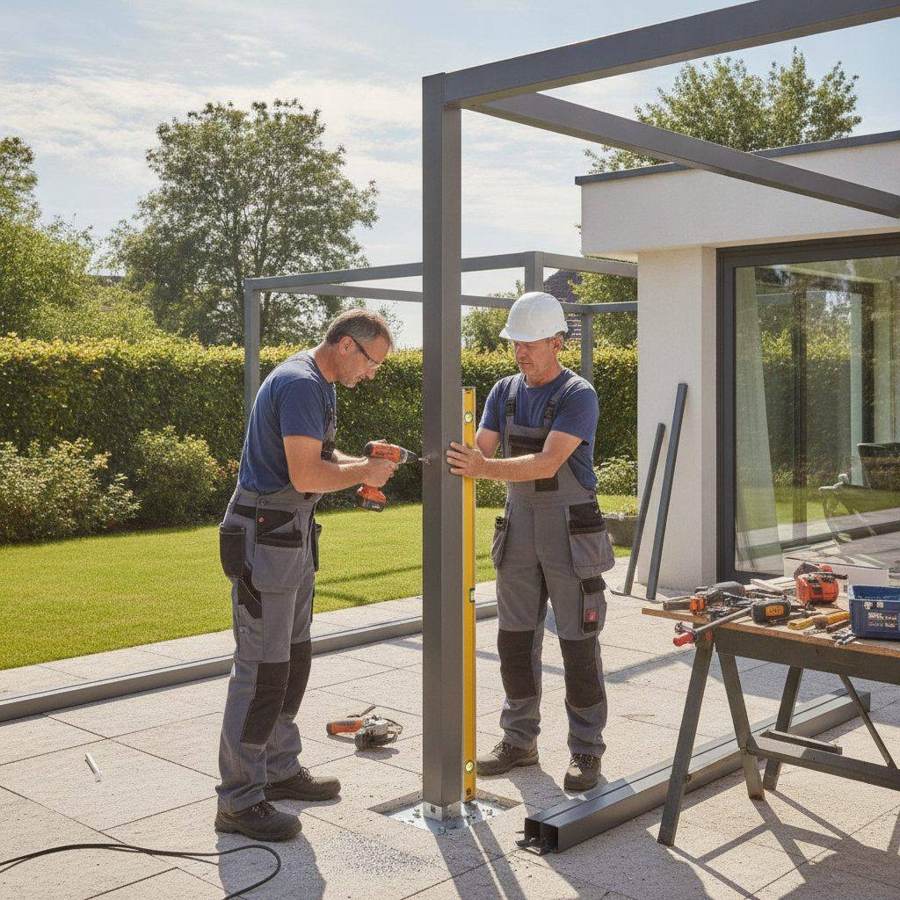 artisan professionnel installant une pergola bioclimatique aluminium en extérieur
