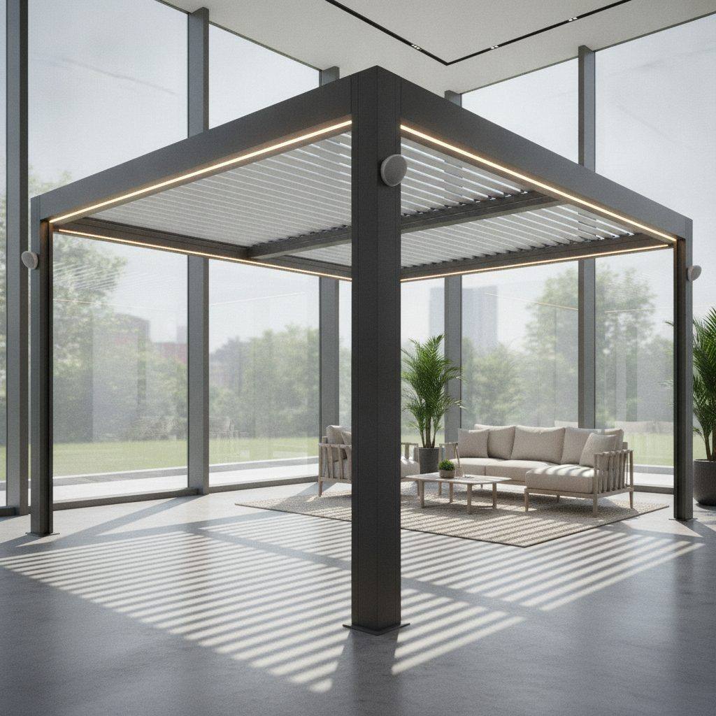 showroom pergola bioclimatique aluminium premium avec lames orientables et éclairage intégré