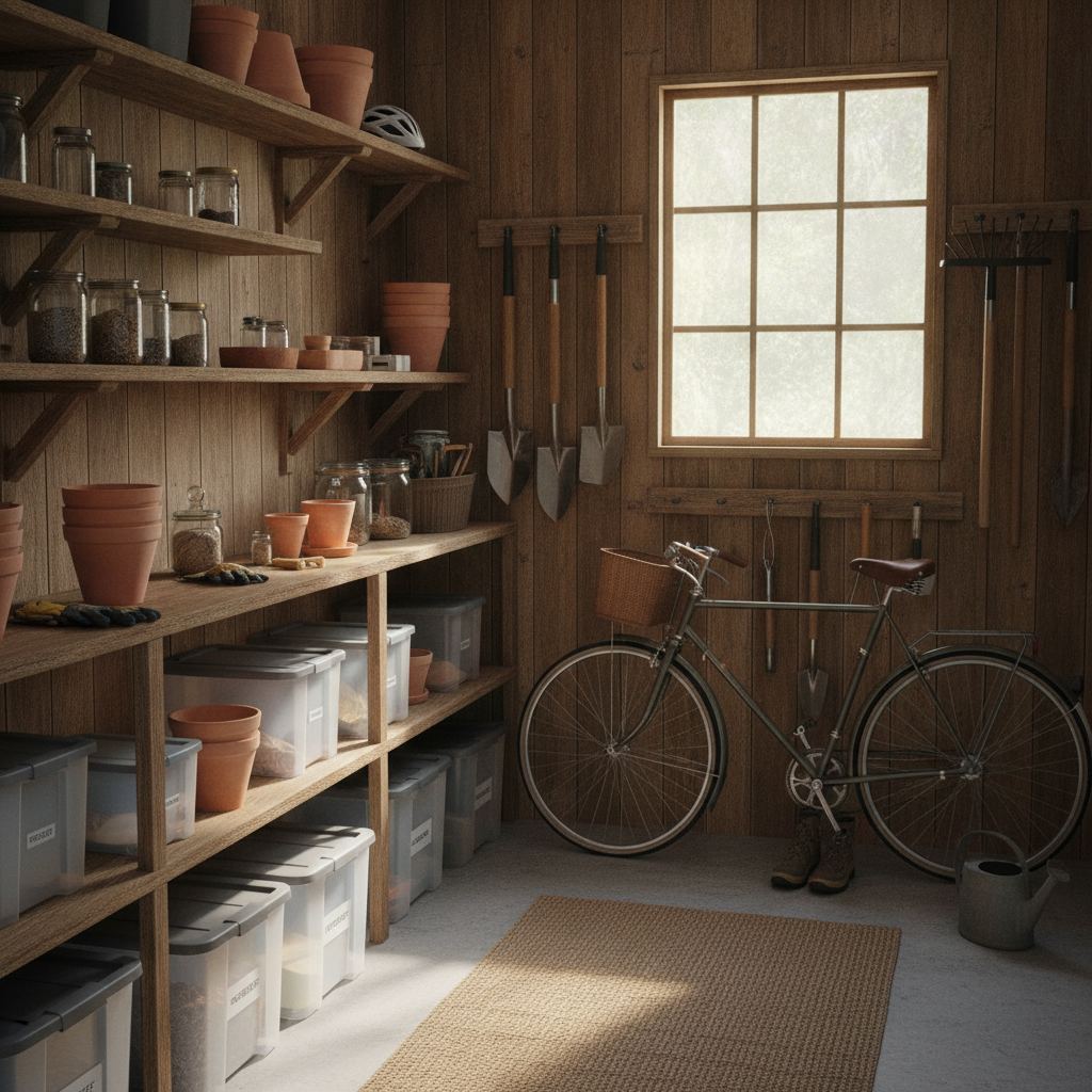 intérieur rangé d'un abri de jardin avec outils et vélos