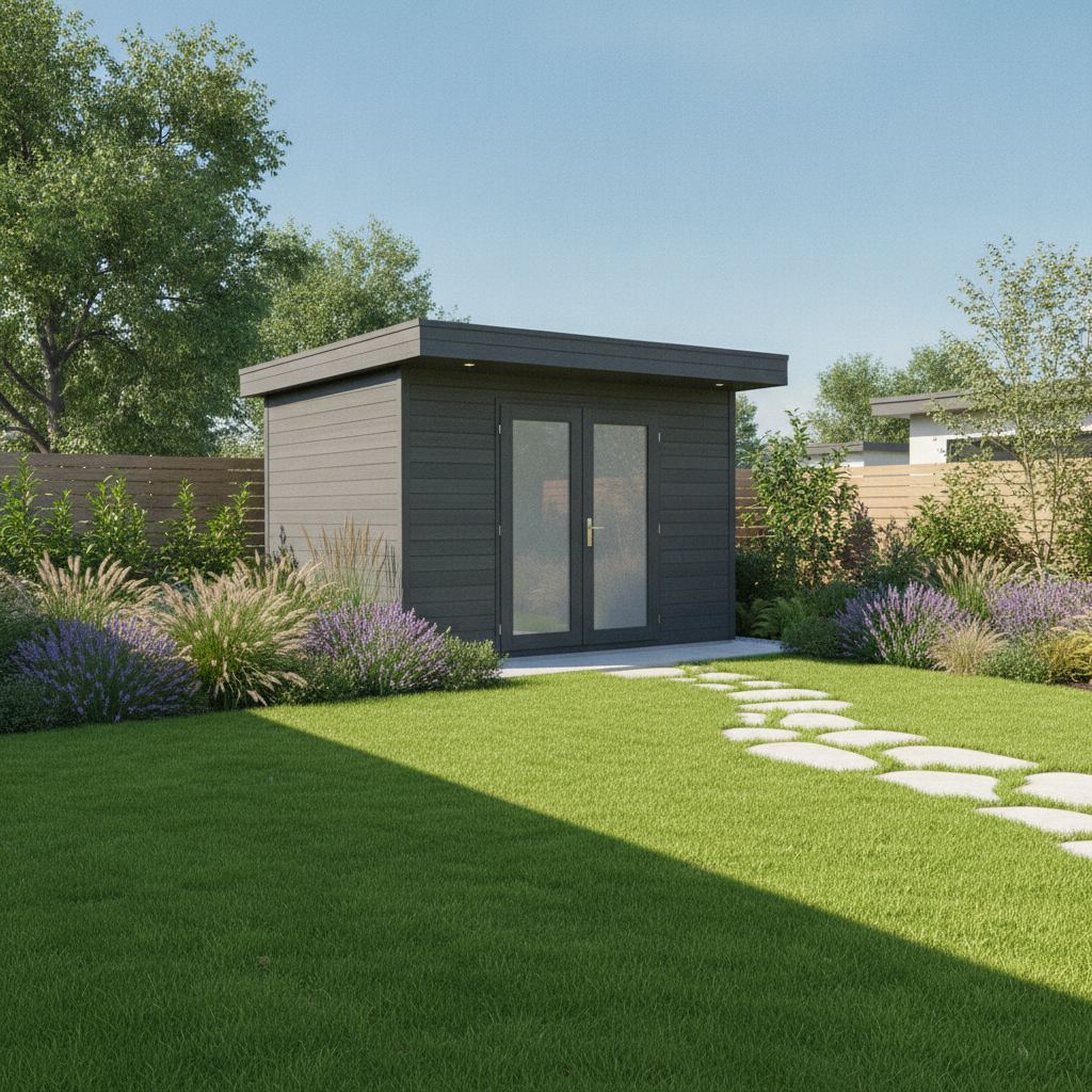 abri de jardin en composite gris installé dans un jardin arboré
