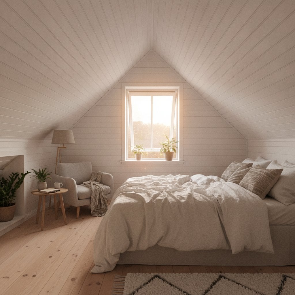Aménagement combles après travaux : chambre cosy sous pente avec fenêtre de toit