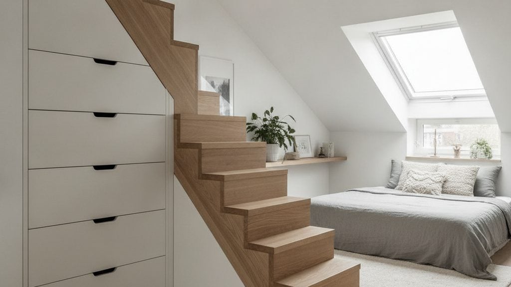 Escalier gain de place et rangements sous pente pour une chambre en combles