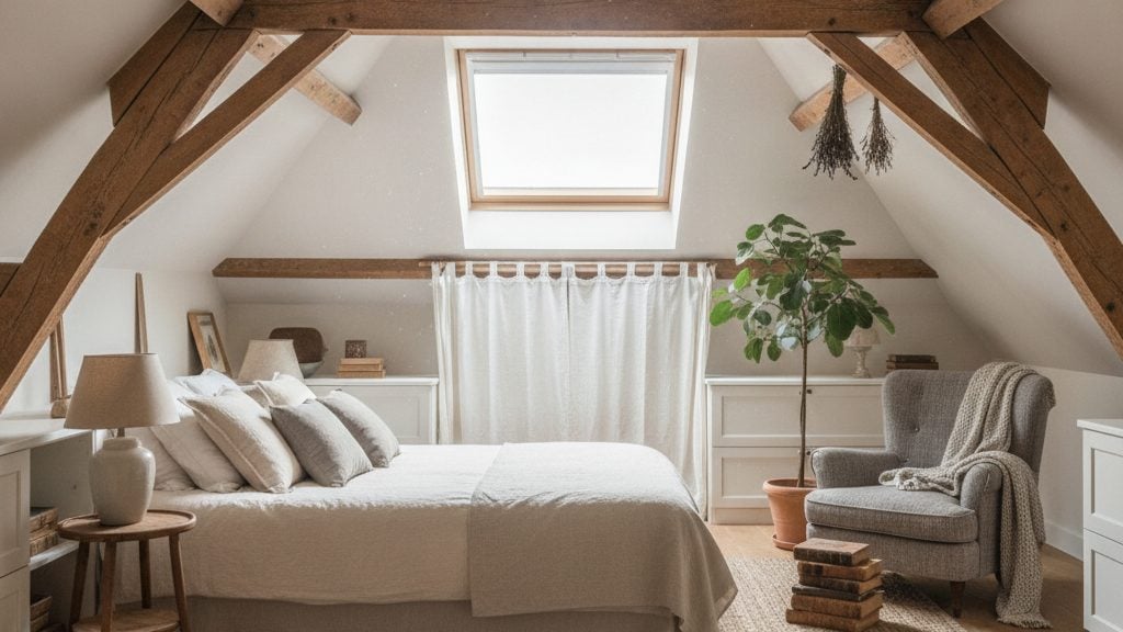 Chambre aménagée sous les combles avec lit sous pente et fenêtre de toit