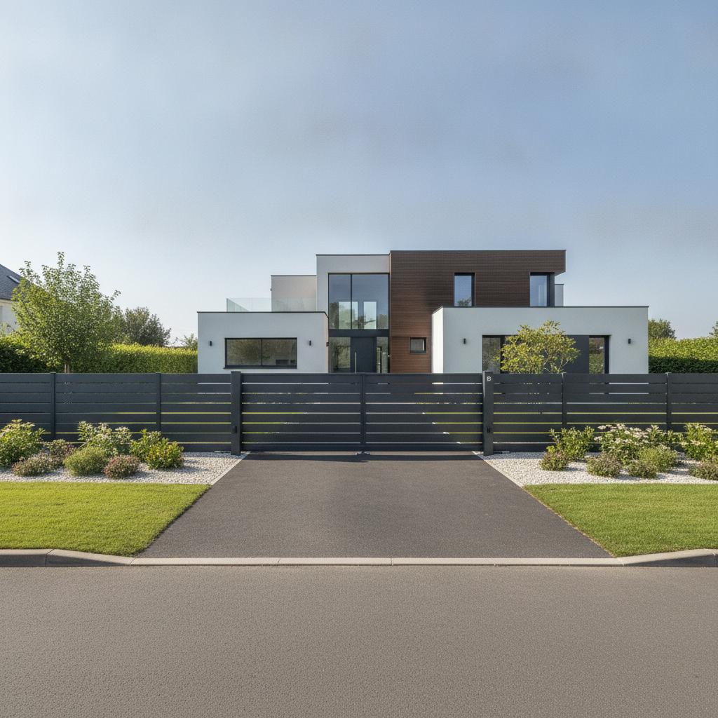 Portail coulissant aluminium gris anthracite type Brico Dépôt devant une maison