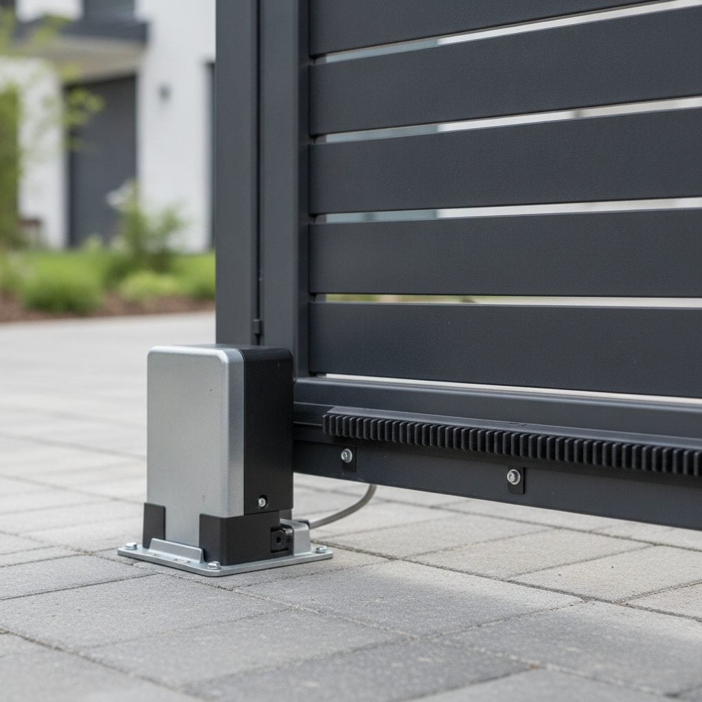 Kit de motorisation à crémaillère monté sur un portail coulissant aluminium