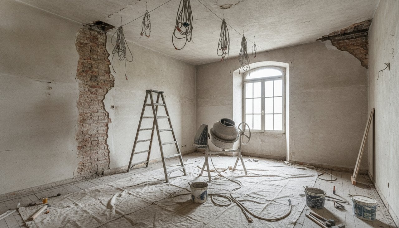 Chantier de rénovation abandonné par un artisan : pièce inachevée, murs à nu et fils électriques apparents