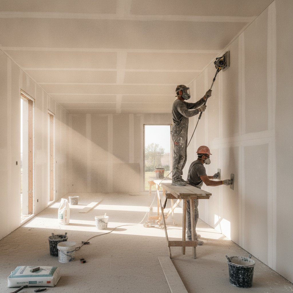 Chantier de finition placo avec bazooka sur grande surface