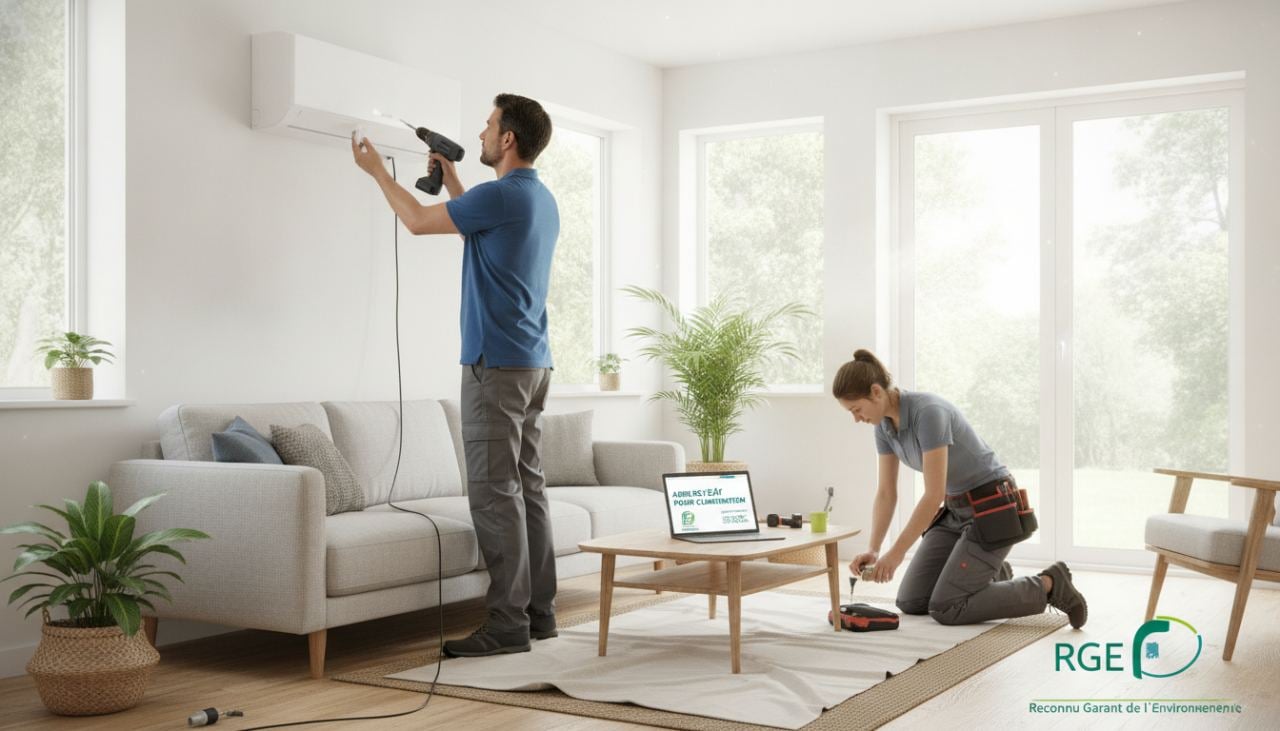 technicien RGE installant une unité intérieure de climatisation réversible dans un salon