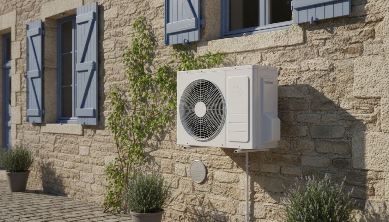 unité extérieure de climatisation réversible pompe à chaleur air-air installée sur une façade de maison
