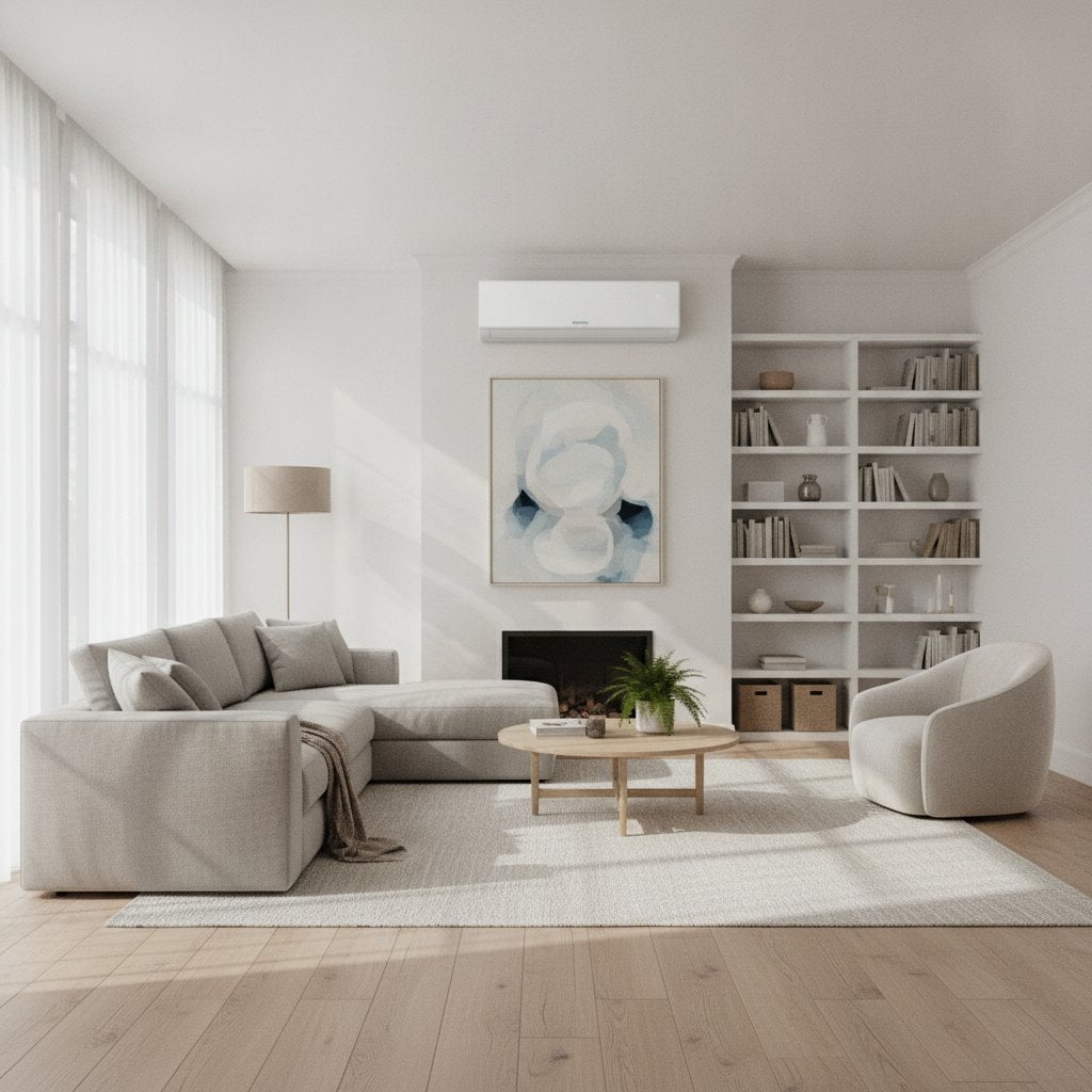 climatisation reversible bi-split installee dans un salon lumineux