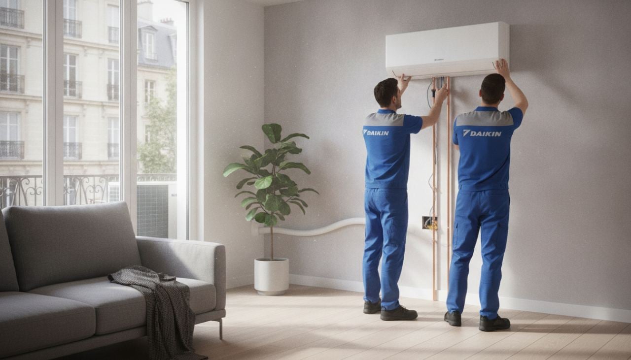 Installation d'une unité intérieure de climatisation réversible Daikin murale dans un salon