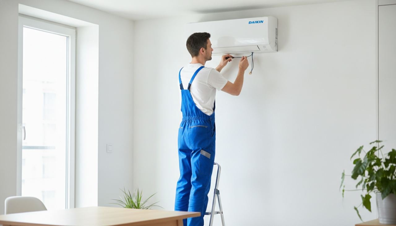 Technicien installant l'unité extérieure d'une pompe à chaleur air-air Daikin sur une façade