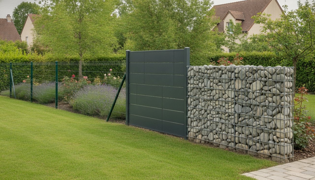 Clôture grillage souple, panneau rigide et gabion côte à côte dans un jardin