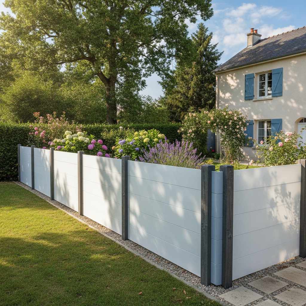 Clôture de jardin pas chère en panneaux PVC et poteaux bois dans un jardin