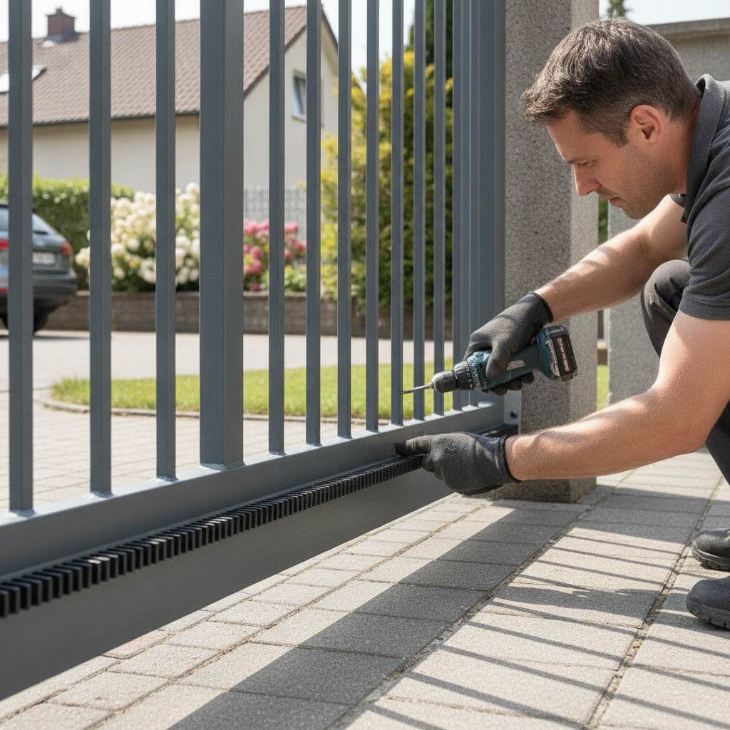 Pose d'une crémaillère nylon vissée sur un portail coulissant aluminium