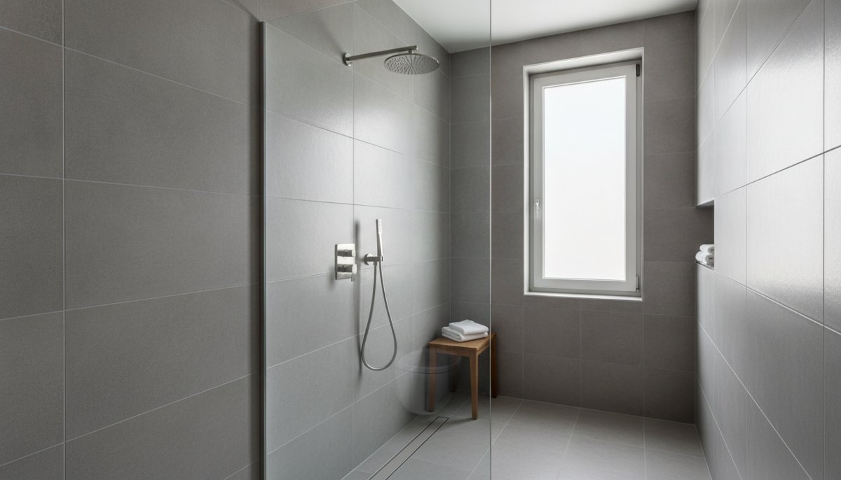 douche italienne moderne carrelage gris dans une salle de bain renovee