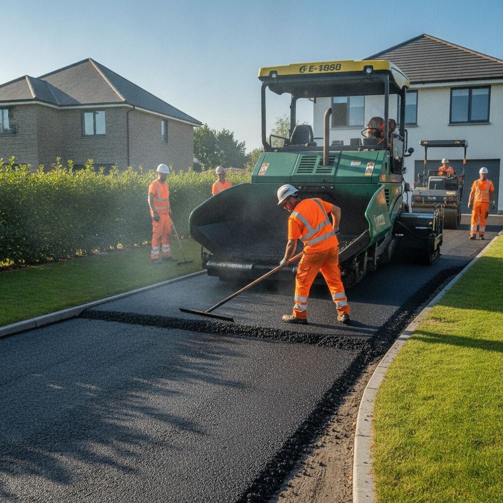 application enrobé à chaud sur une allée par une équipe de terrassement