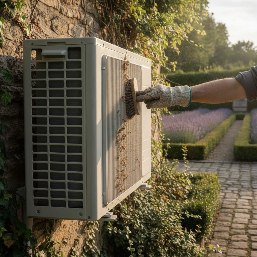 Entretien de l'unité extérieure d'une climatisation réversible : nettoyage des ailettes du condenseur