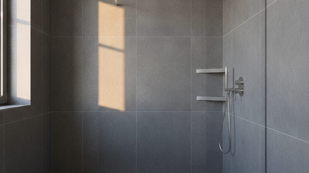 Douche italienne carrelée terminée avec paroi vitrée et caniveau linéaire