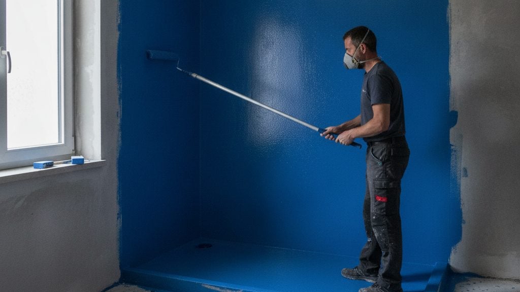 Application au rouleau d'une membrane d'étanchéité liquide SPEC avant carrelage de douche italienne