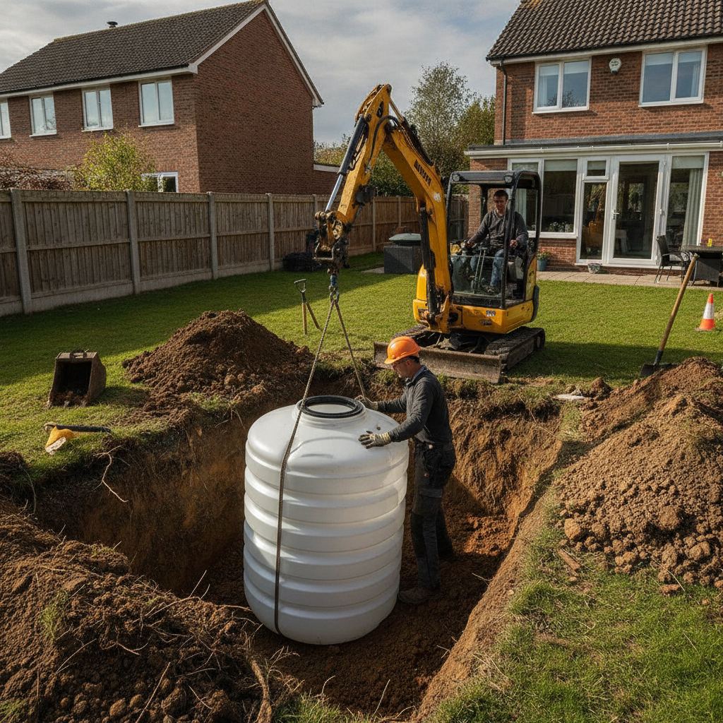Installation fosse septique 3000L polyethylene dans tranchee