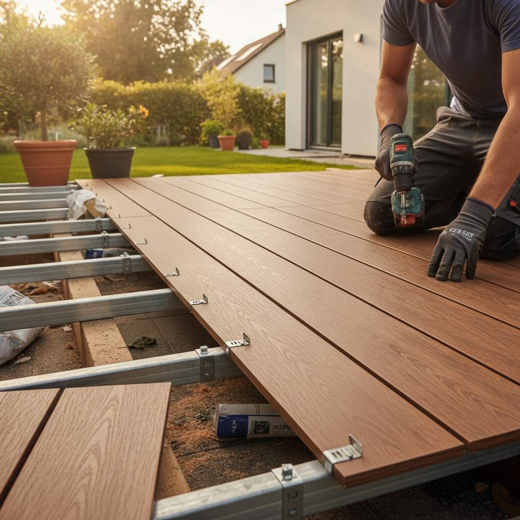 pose de lames terrasse composite sur lambourdes avec clips inox