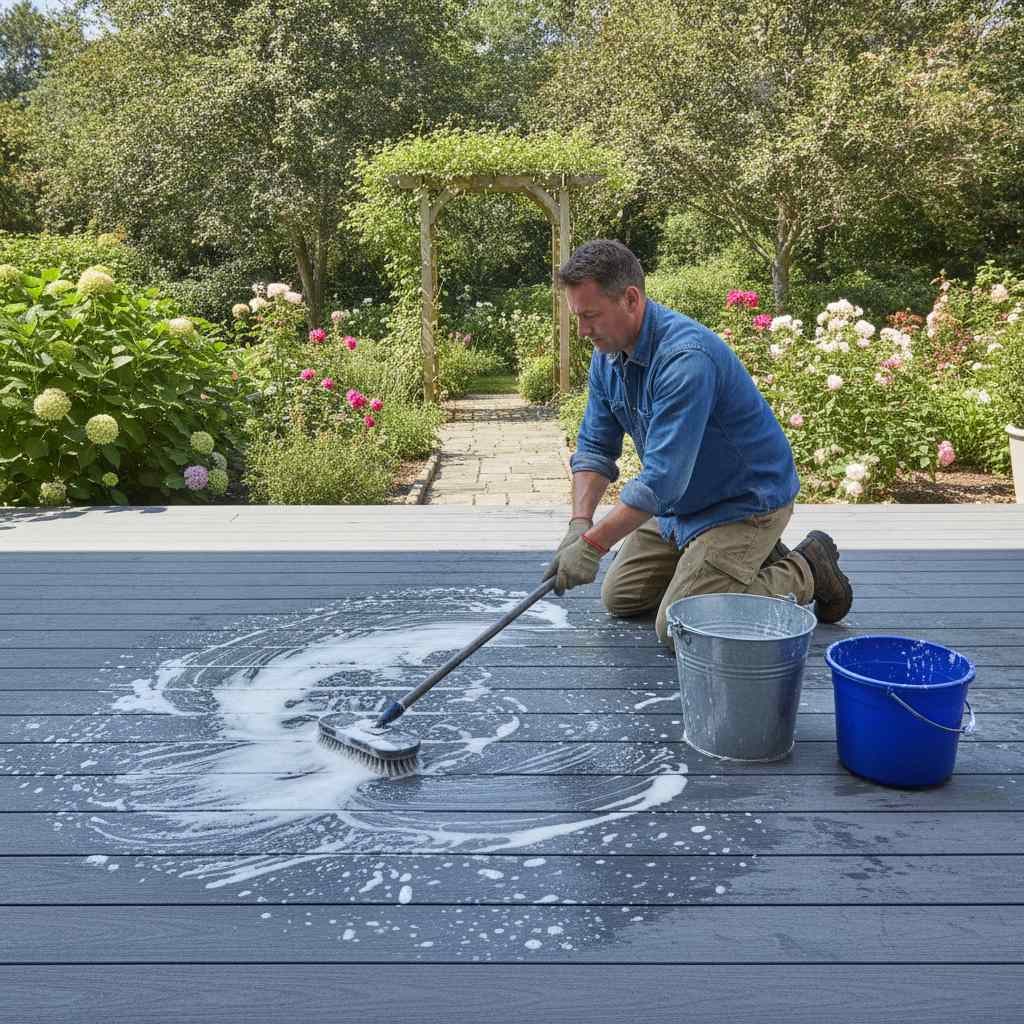 nettoyage de lames terrasse composite au balai brosse et eau savonneuse