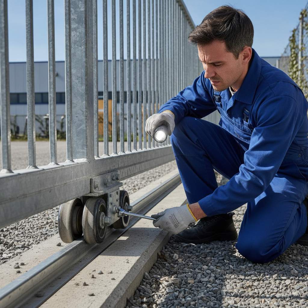 Technicien inspectant les roues d'un portail coulissant sur son rail