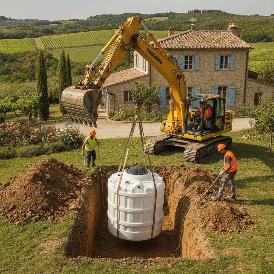 Installation d'une fosse septique avec excavatrice dans un jardin